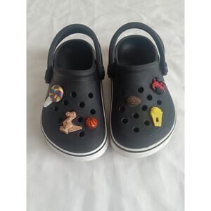 Toddler Size 8 Crocs Black Clogs with Jibbitz Charms – Dinosaur, Train, Sports